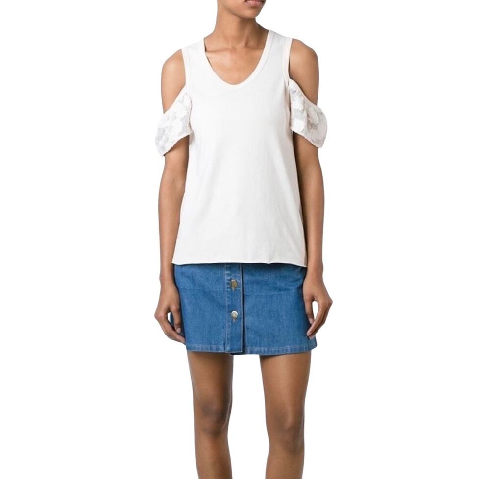 See By Chloe Size 36 White Cold Shoulder Floral Lace Ruffle Tank Top Romantic